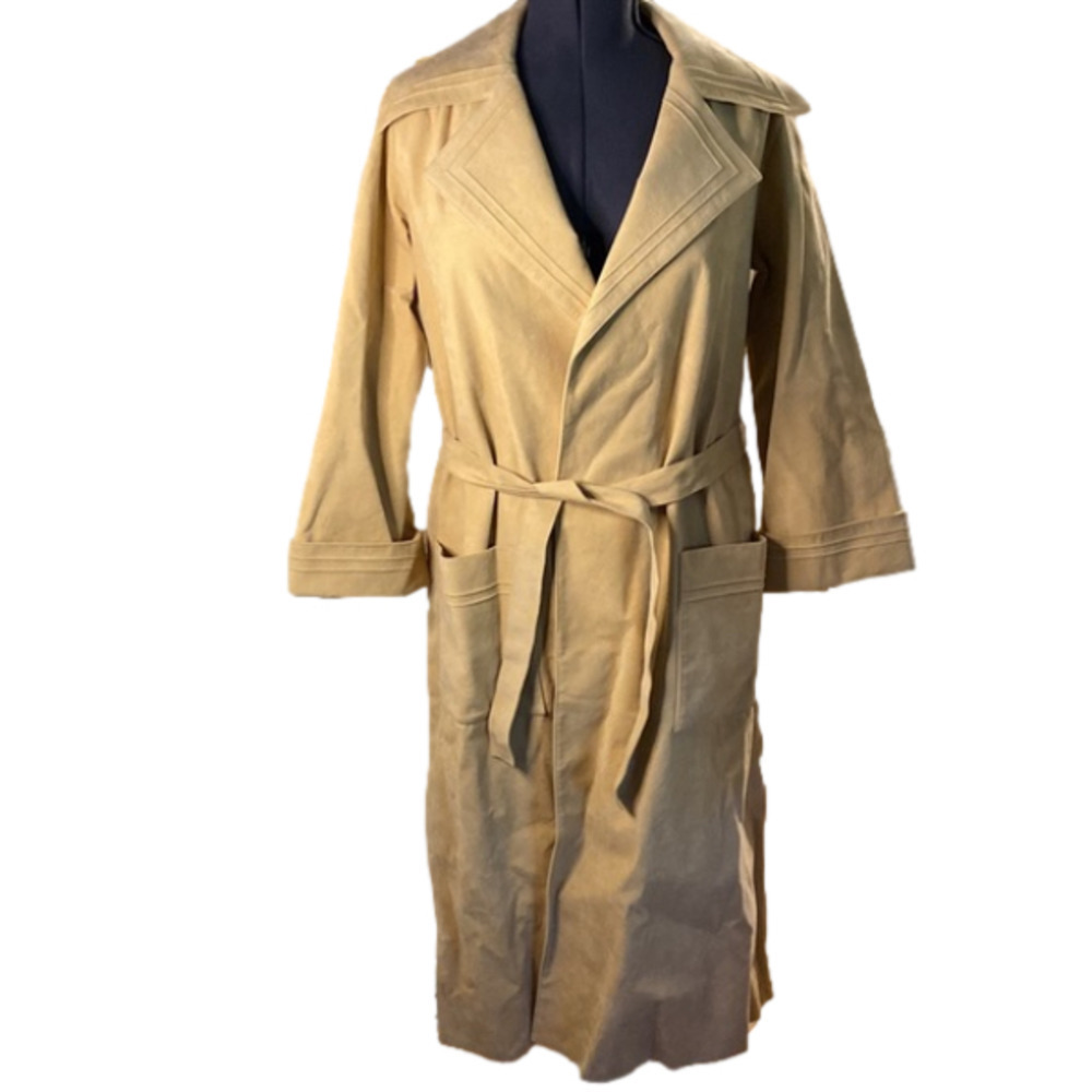 Brodkin UltraSuede Soft Beige Belted Maxi Open  Trench Coat (Size 12) Vintage